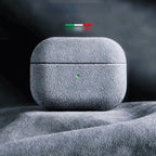 Italian suede AirPods case, silver mist light gray finish with central button cutout