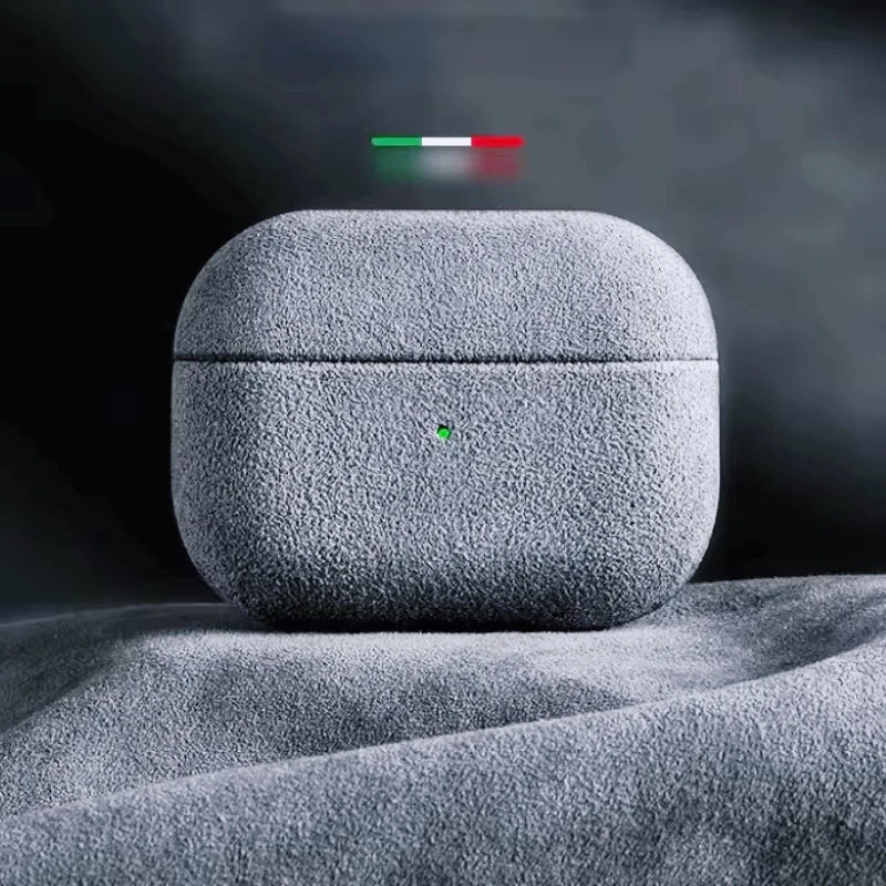 Italian suede AirPods case, silver mist light gray finish with central button cutout