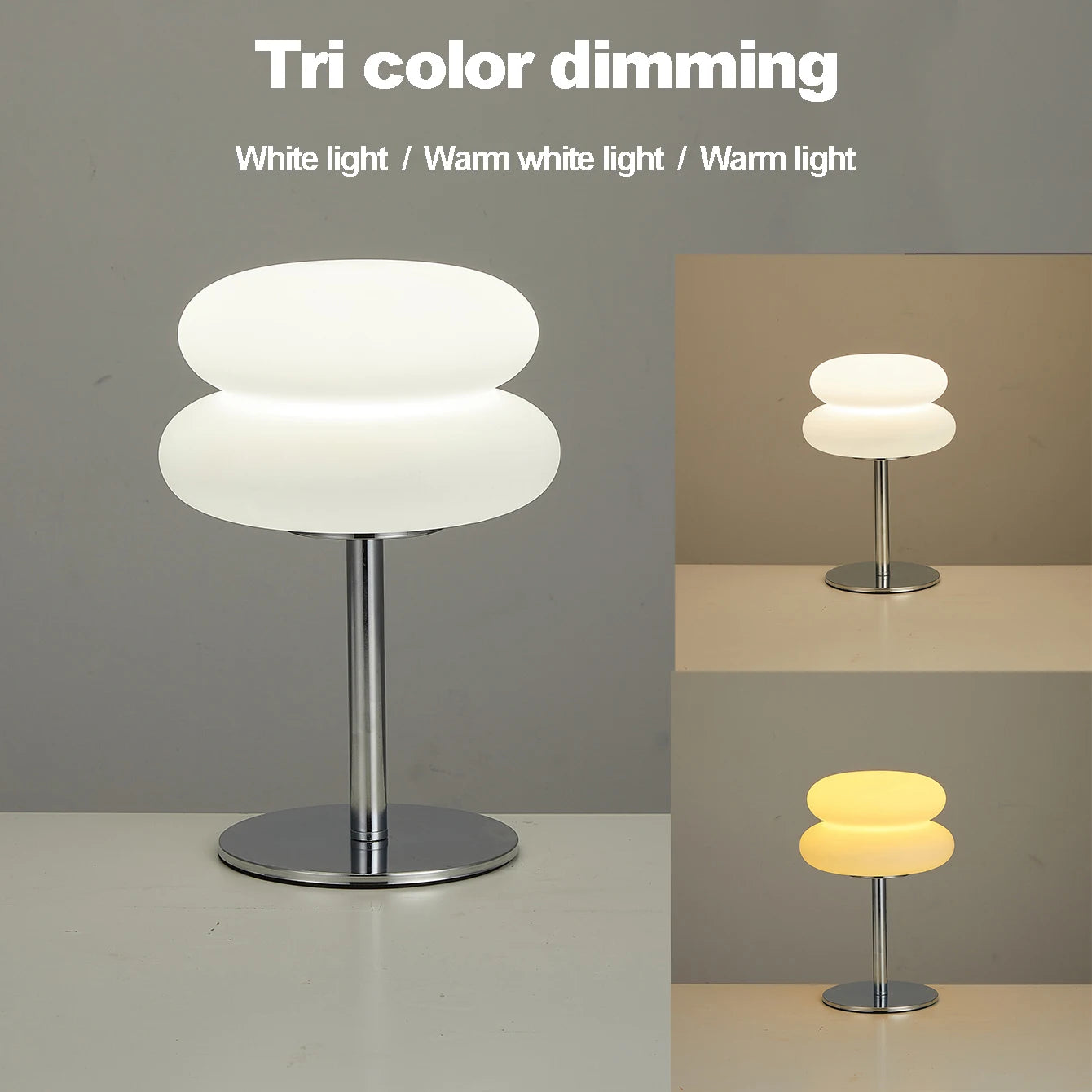 Mushroom USB ambient table lamp with tri-color glow: white, warm white, and warm light.