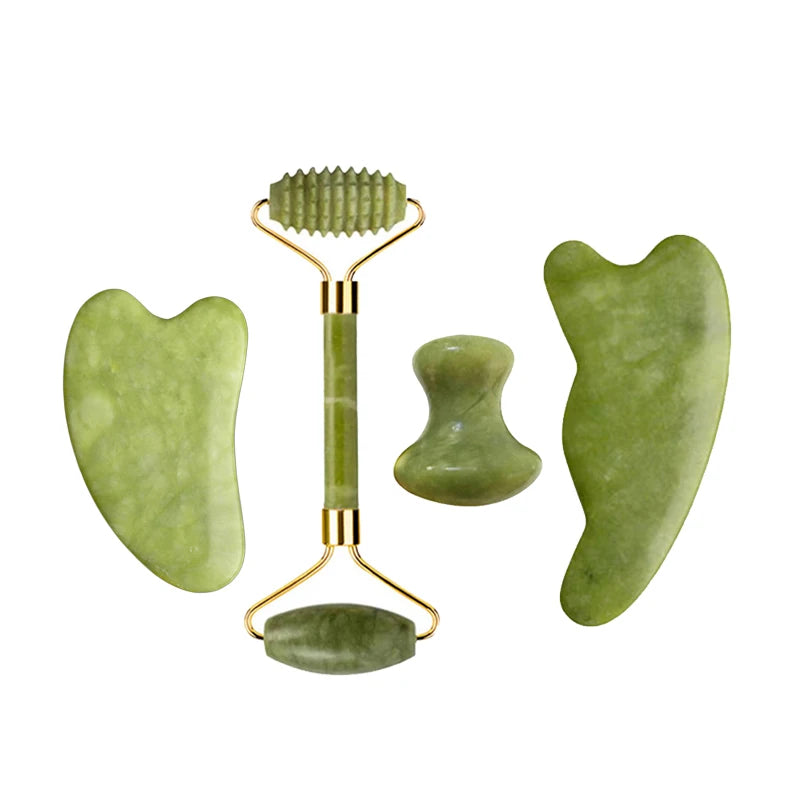 Nephrite jade beauty set: roller with ribbed head, plus gua sha and facial massage stones