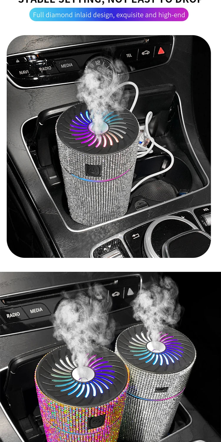 Pair of car aroma diffusers, silver and rainbow rhinestone cylinders with vapor