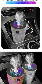 Pair of car aroma diffusers, silver and rainbow rhinestone cylinders with vapor
