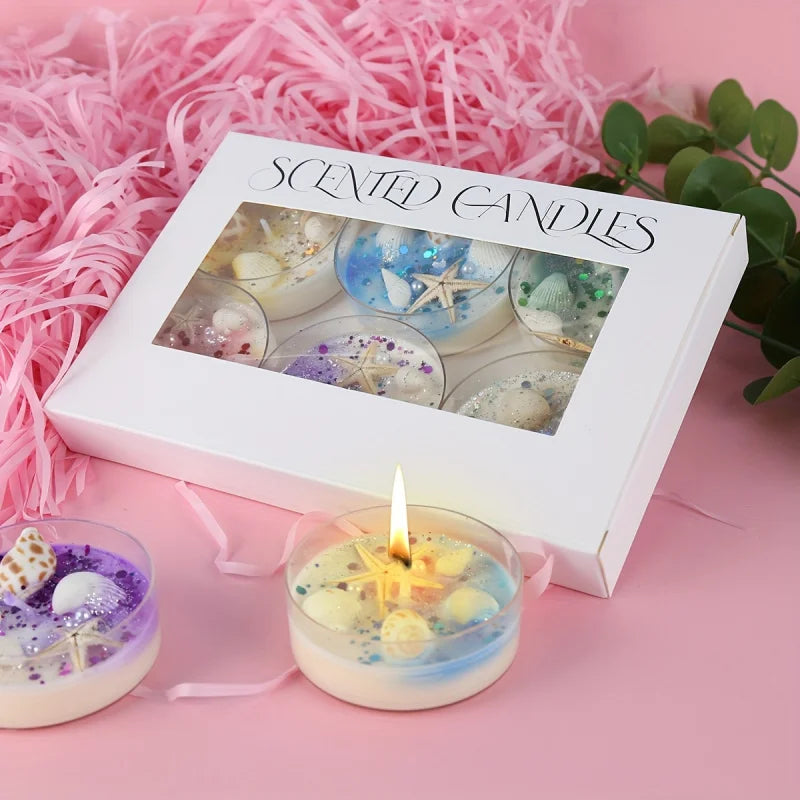 Seashell-scented candle gift set (6 pieces) with box and one lit candle
