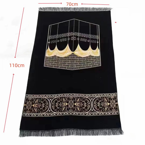 Black prayer rug with arched window canopy motif and gold border strip, gray fringe