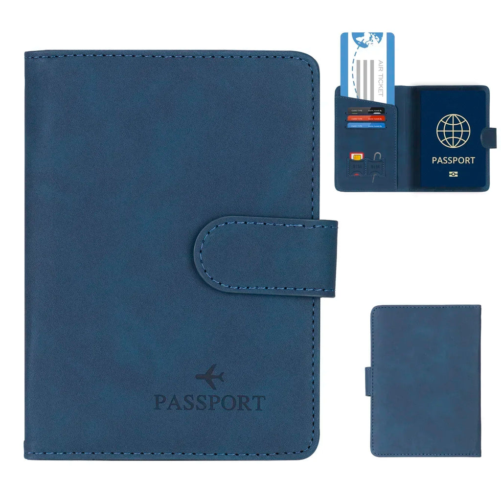 Midnight navy RFID passport wallet with fold-over strap and passport icon on front