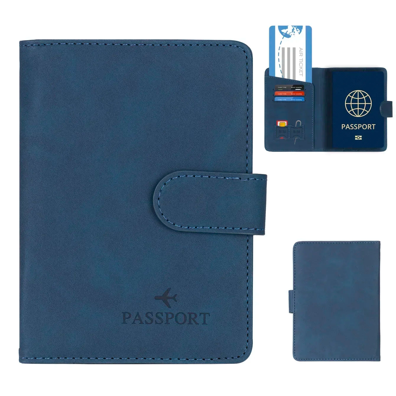 Midnight navy RFID passport wallet with fold-over strap and passport icon on front