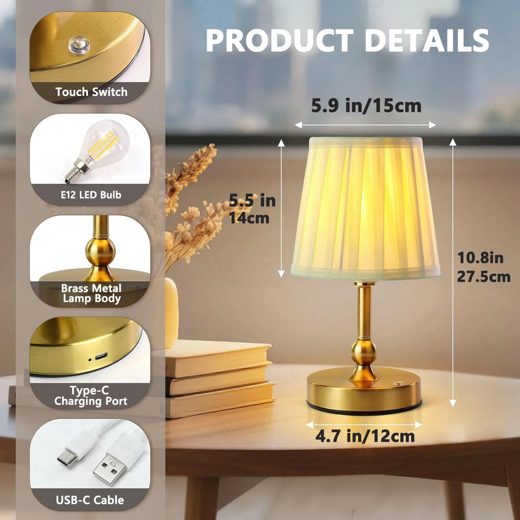 Champagne gold LED touch table lamp with ribbed shade; brass body and base details shown