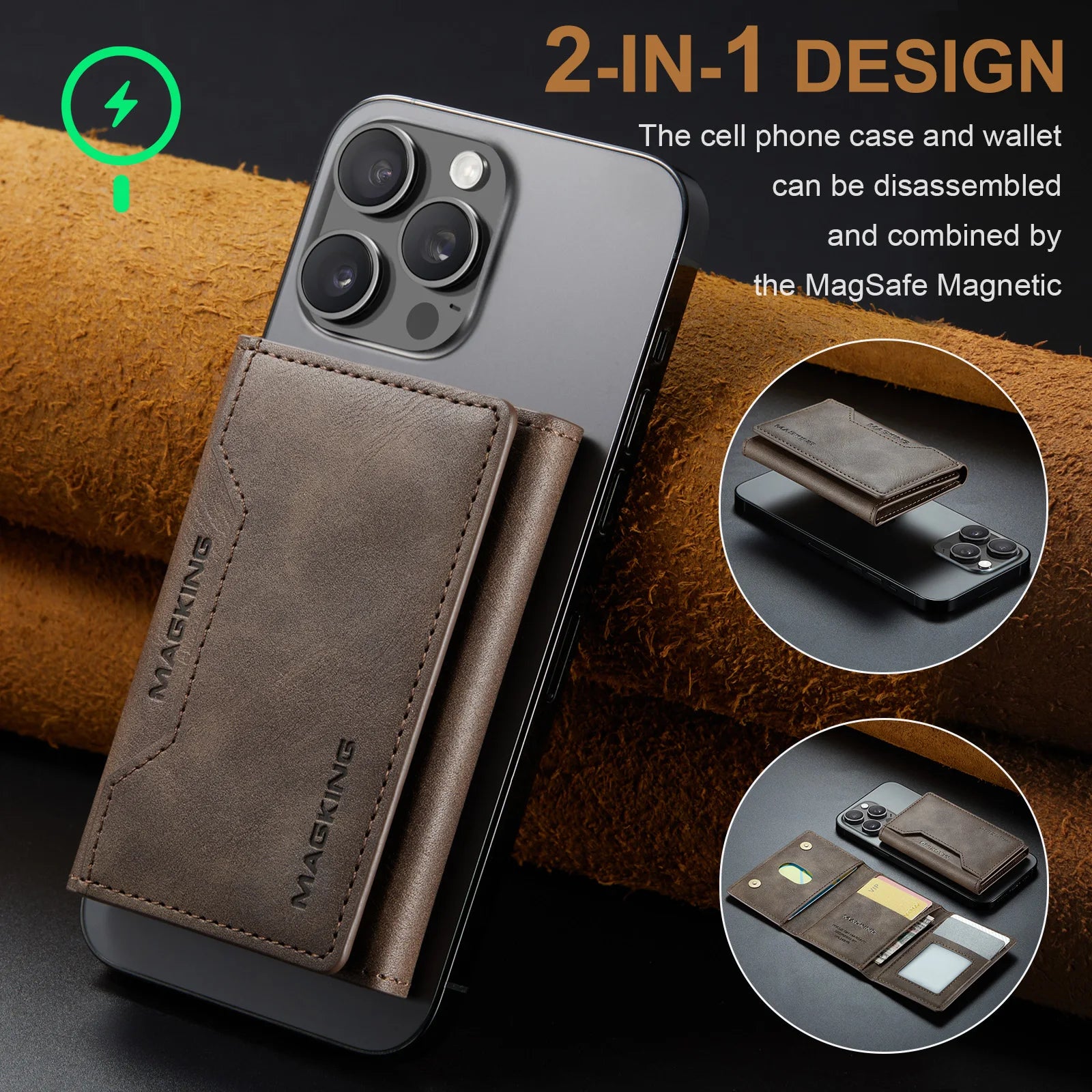 Slim leather wallet, brown, attached to phone with magnetic back pocket.