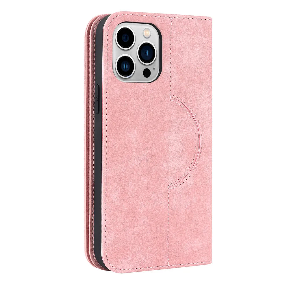 Pink leather phone wallet case with camera cutout and circular card pocket