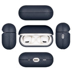Dark blue leather AirPods case set: closed top, open front, and outer earbuds cover