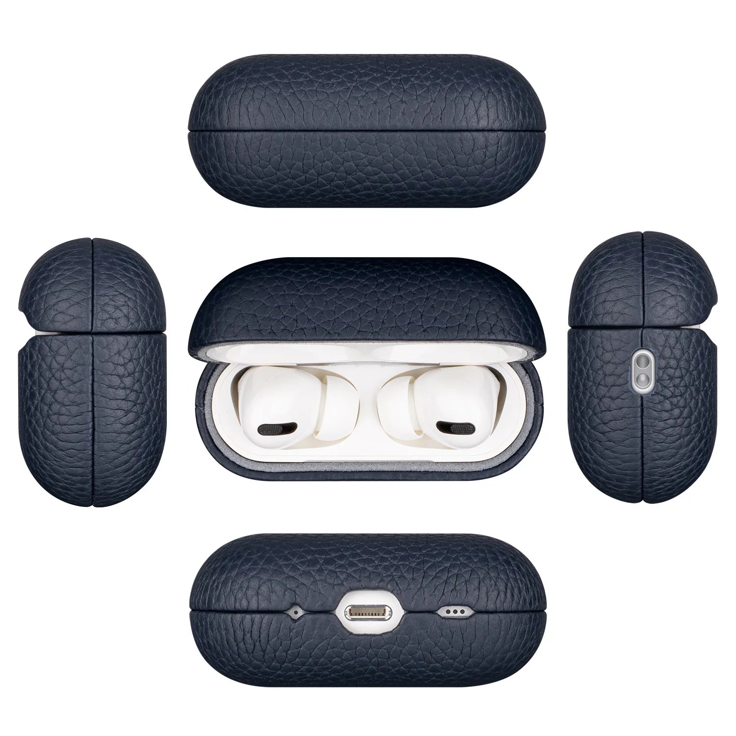 Dark blue leather AirPods case set: closed top, open front, and outer earbuds cover