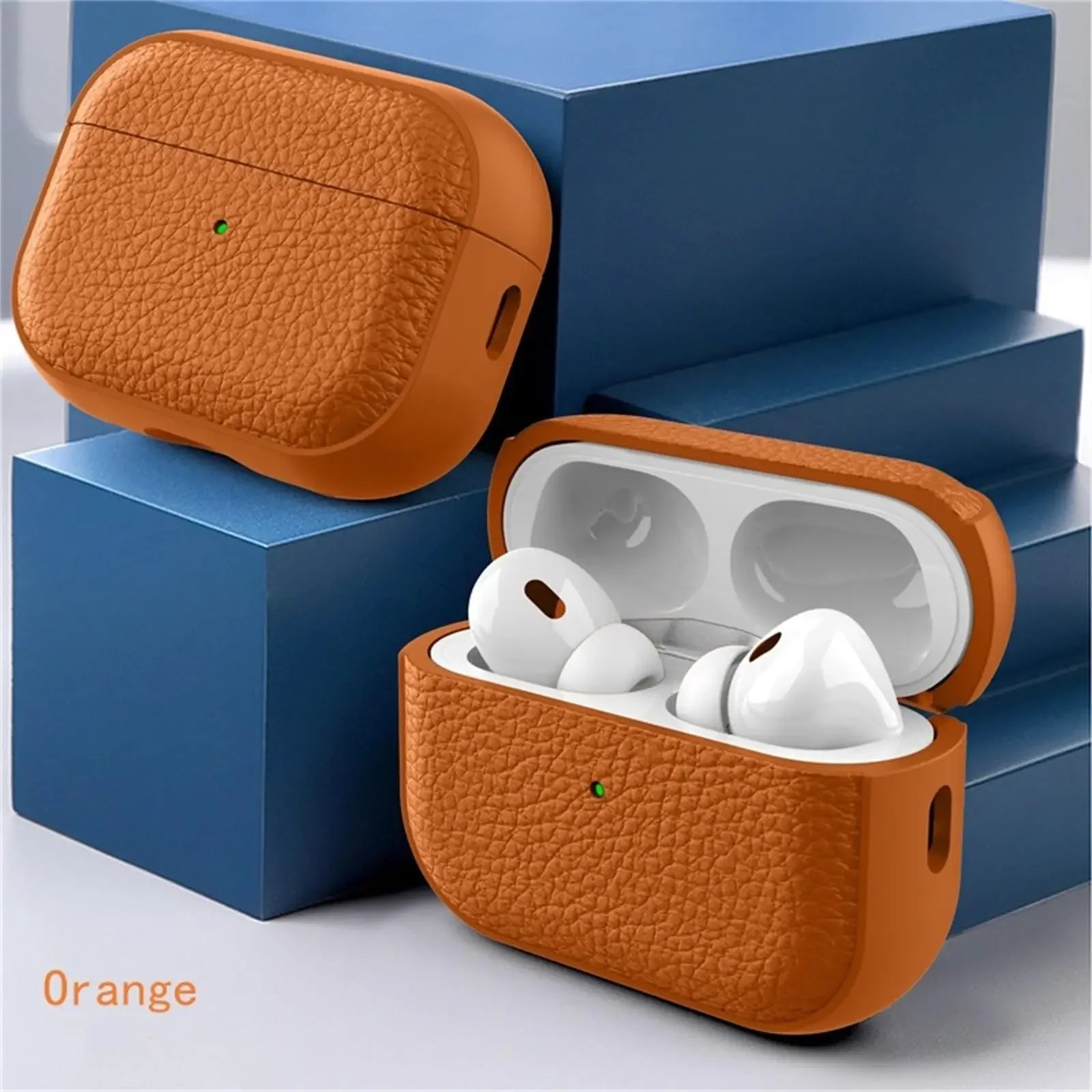 Orange leather-pattern AirPods case with AirPods inside and lid open