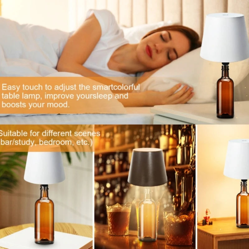 White lampshade wine bottle wireless LED lamp on bedside table, glowing