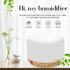 White aroma diffuser humidifier with dark wood base, round top with vent slot