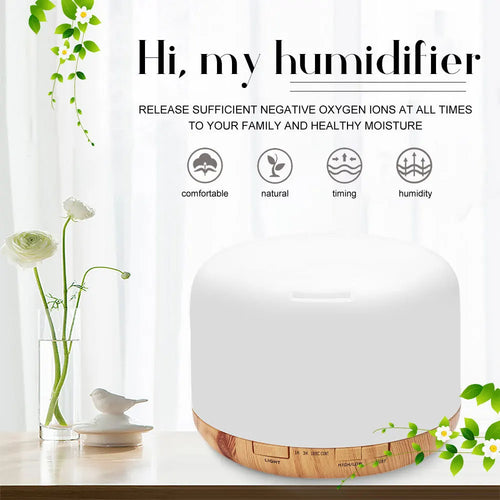 White aroma diffuser with dark wood base, mist top, for home scent and humidifying