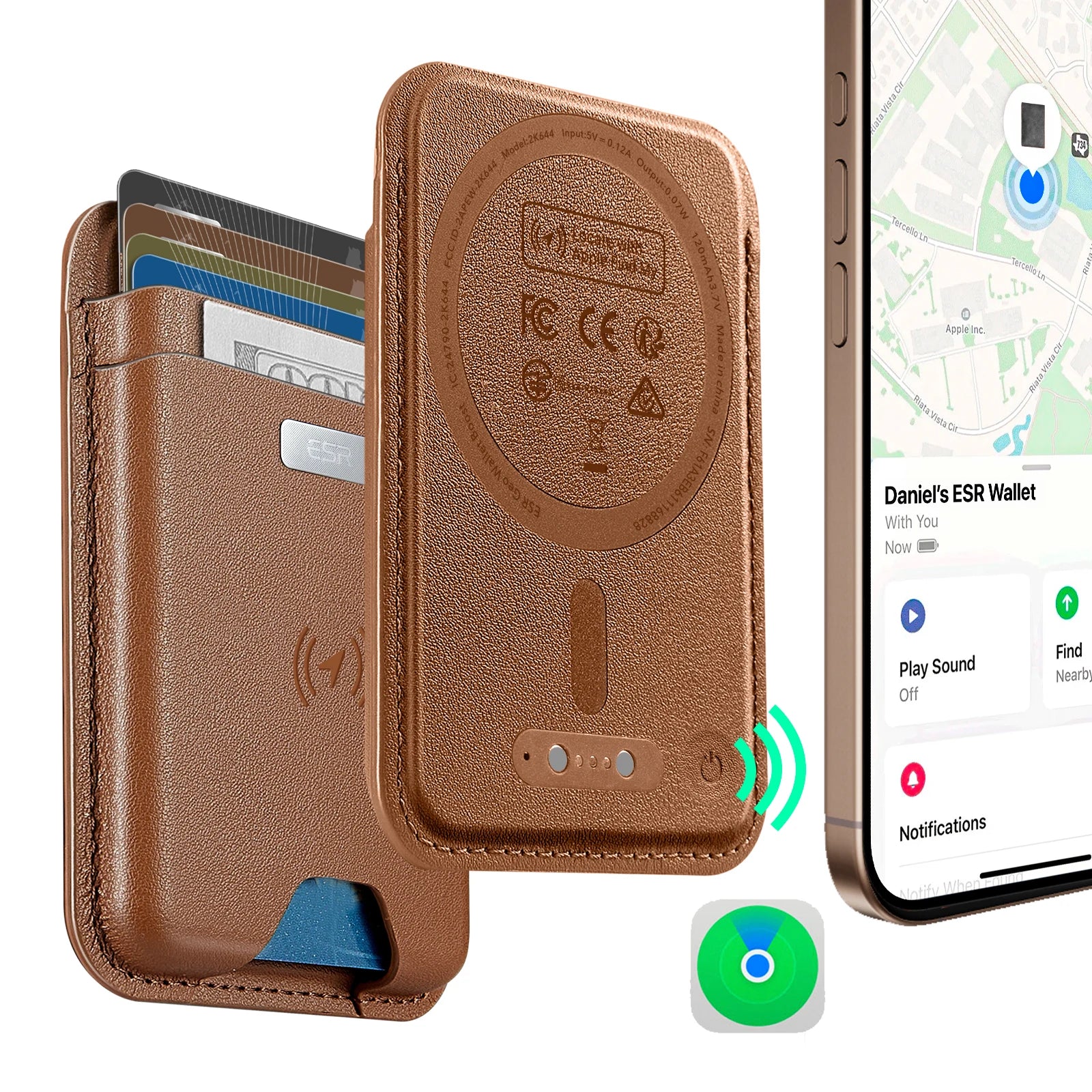 Find My Wallet in brown leather with card slots and slim insert