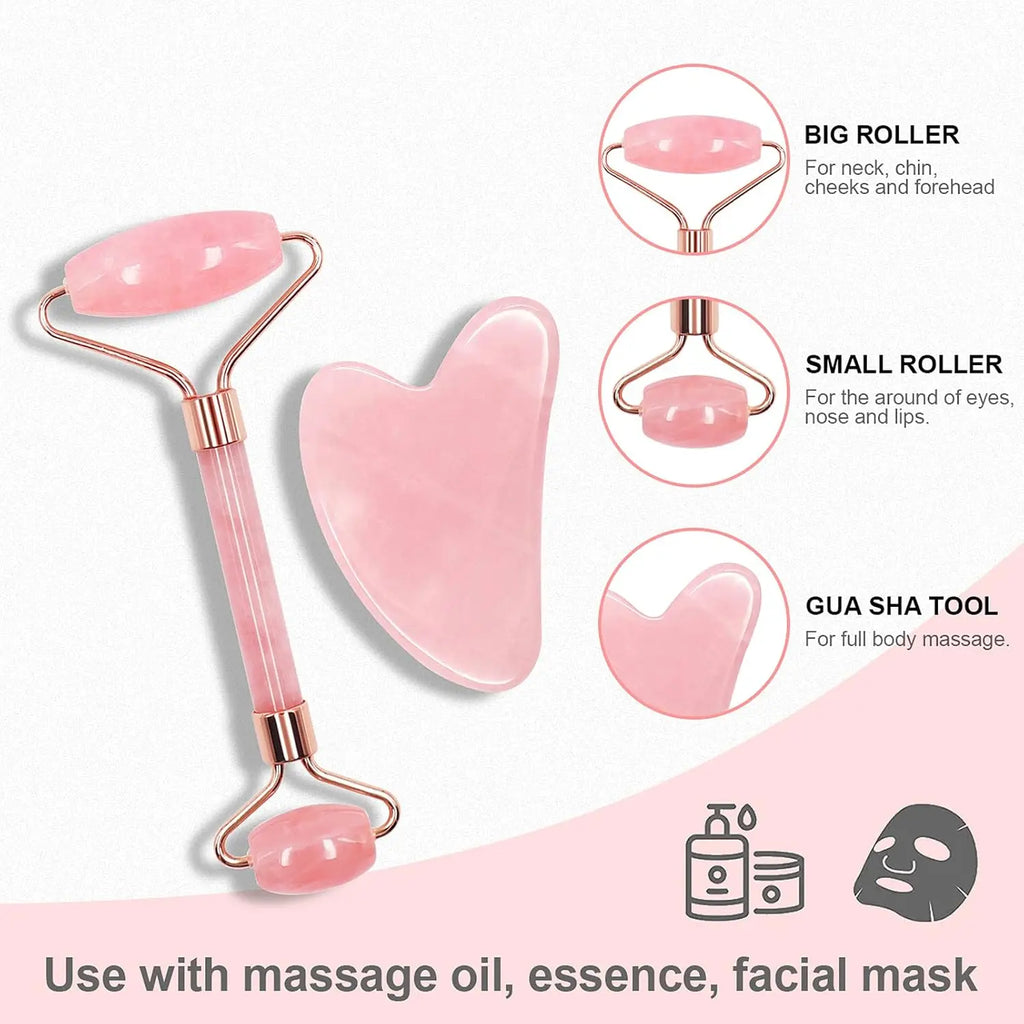 Pink jade facial massage set: big roller, small roller, and gua sha heart