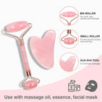 Pink jade facial massage set: big roller, small roller, and gua sha heart