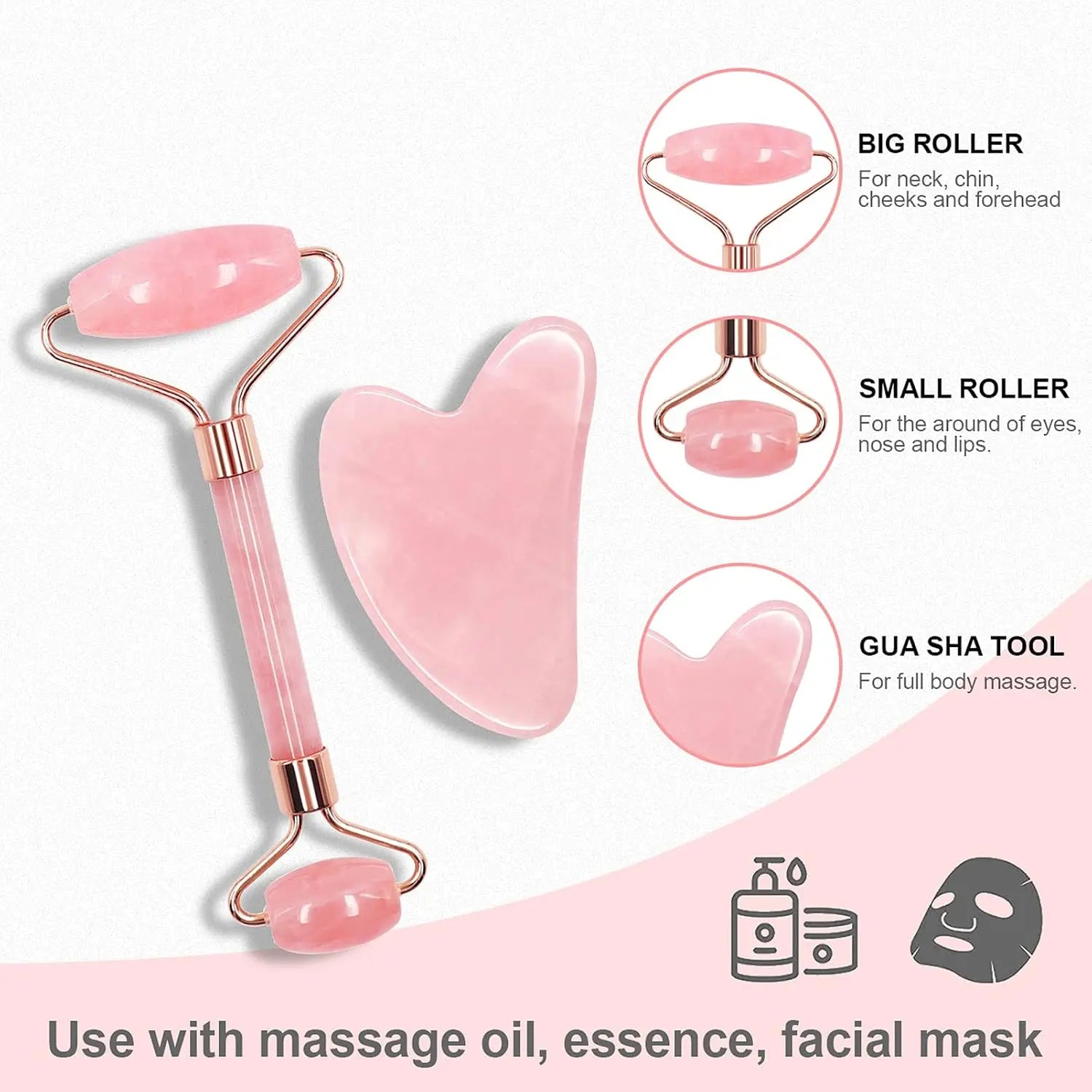 Pink jade facial massage set: big roller, small roller, and gua sha heart