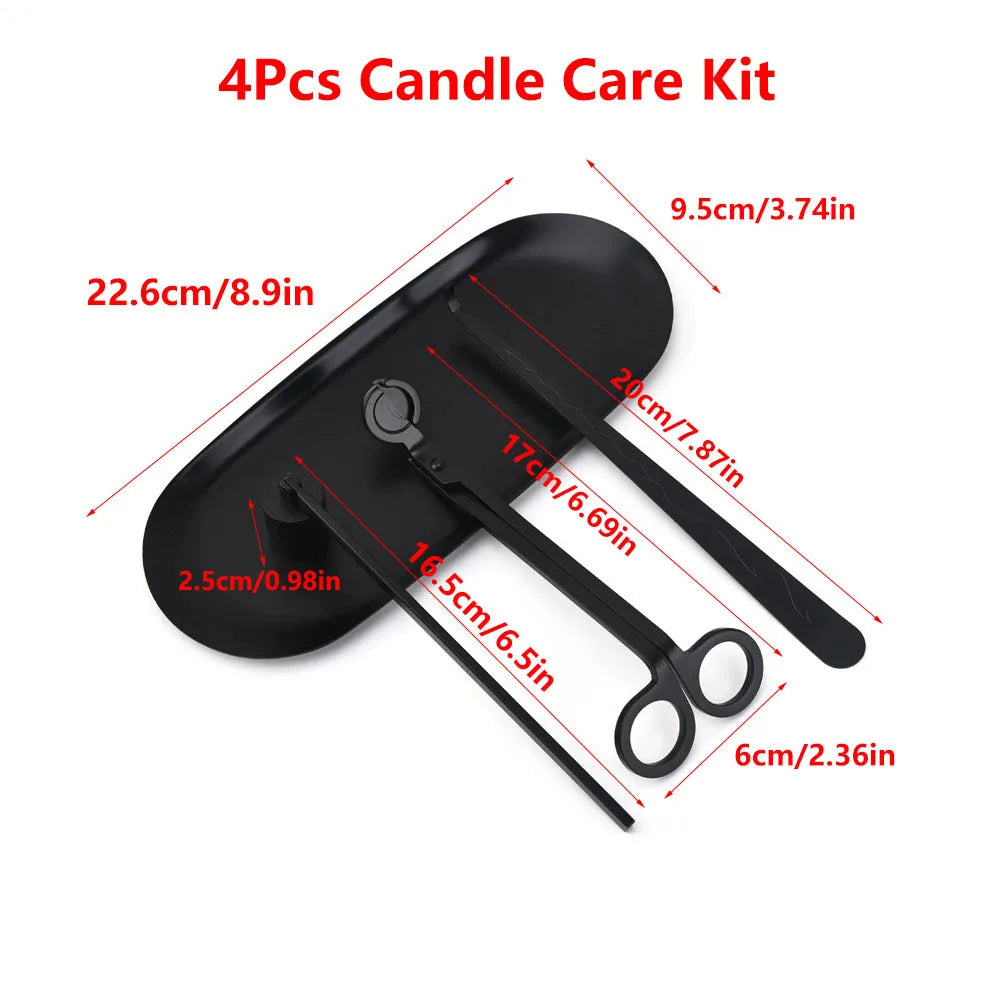 Black stainless steel candle care kit with 4 tools on matte black tray