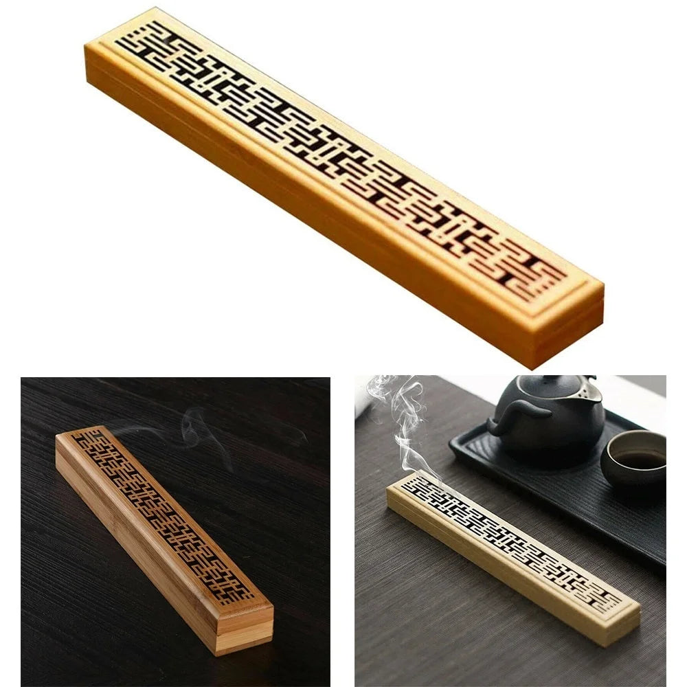 Bamboo incense box holder, long rectangle with geometric carved design