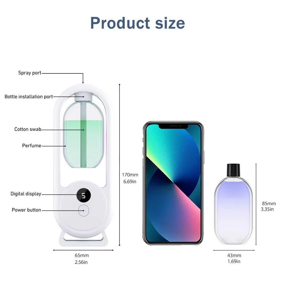Aroma diffuser size chart showing spray port, power button, display, and dimensions