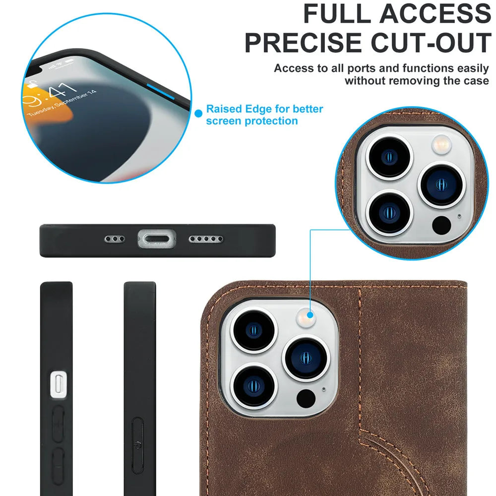 Brown MagSafe wallet case with camera cutout and port access area