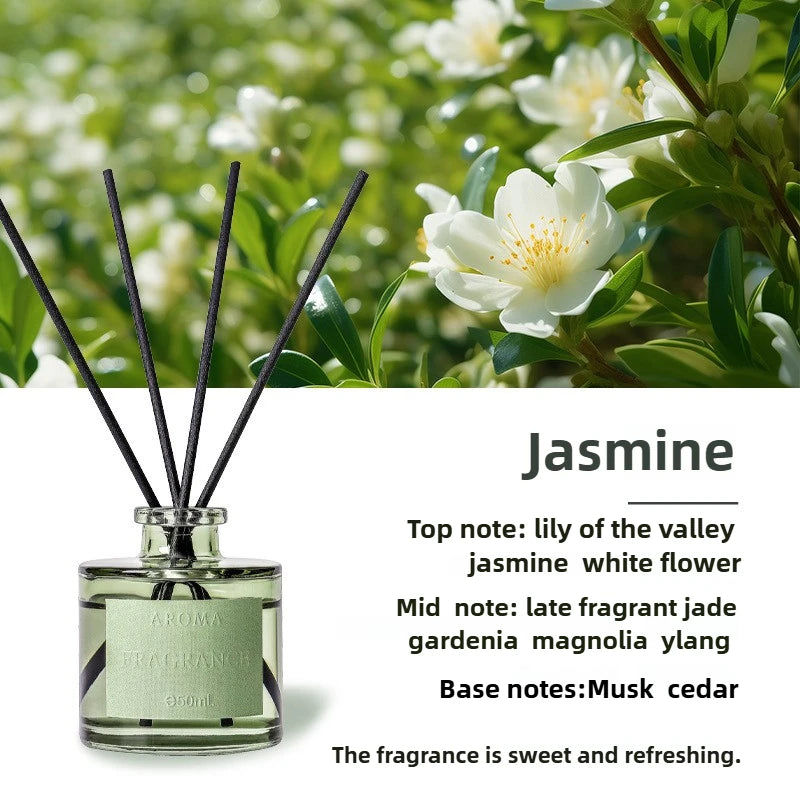 Jasmine reed diffuser bottle with rattan reeds; green glass and 50ml marking
