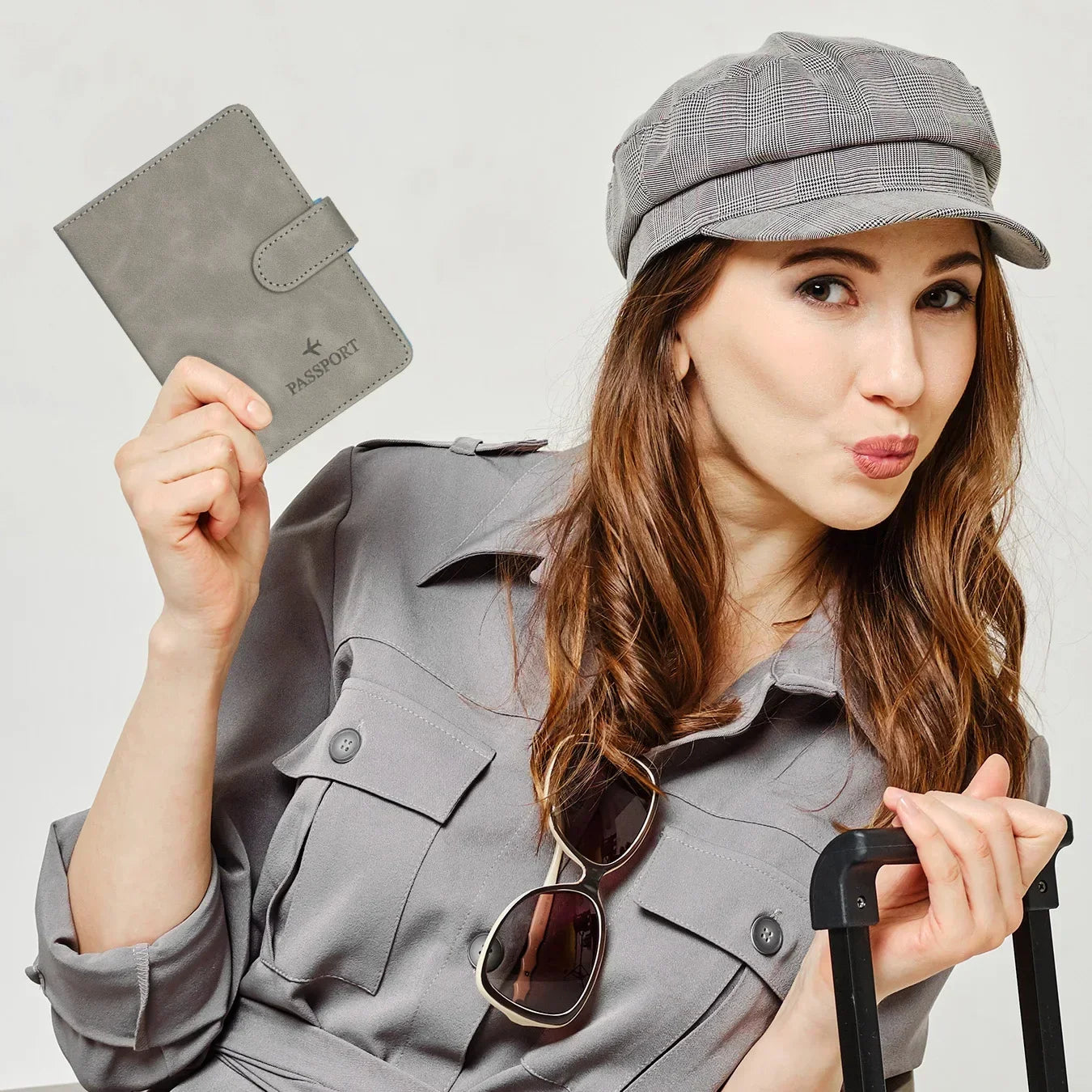 Grey passport wallet with fold-over strap, held up near travel outfit; gift? no