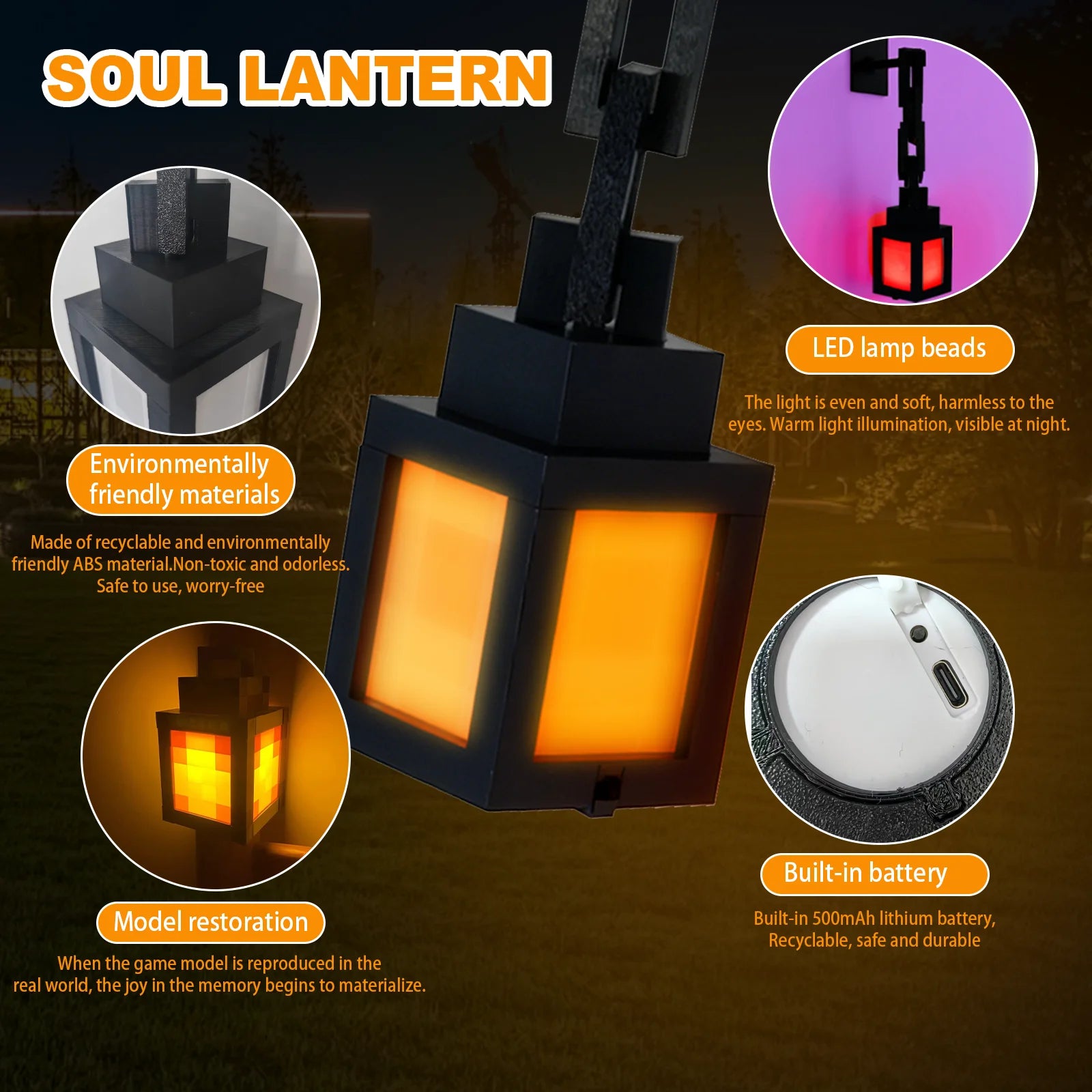 Black pixel lantern night light with warm orange glow squares and close-up detail circle