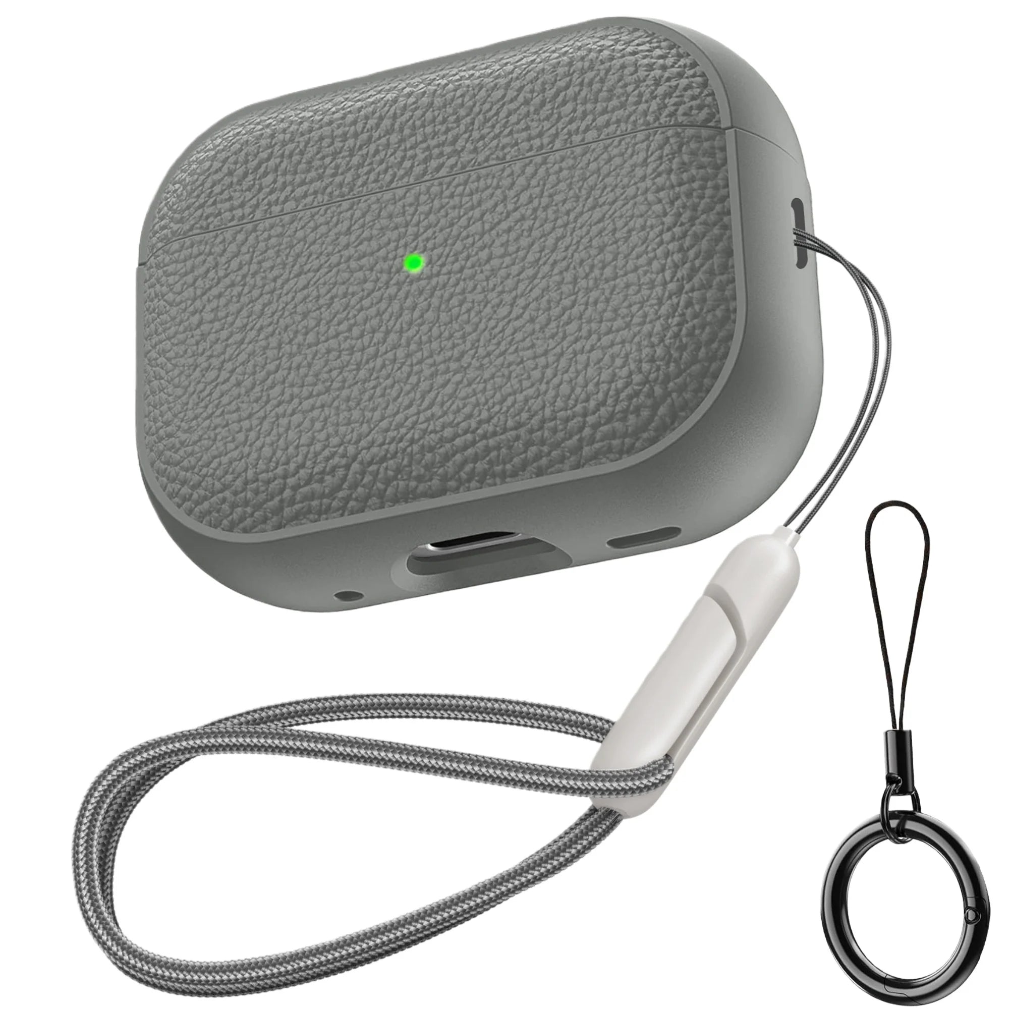 Pearl White TPU AirPods case with keychain ring and woven lanyard strap