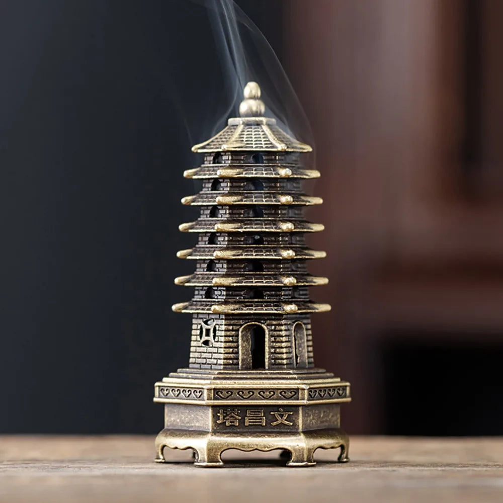 Bronze zinc vertical incense holder shaped like a pagoda tower, stacked roof tiers