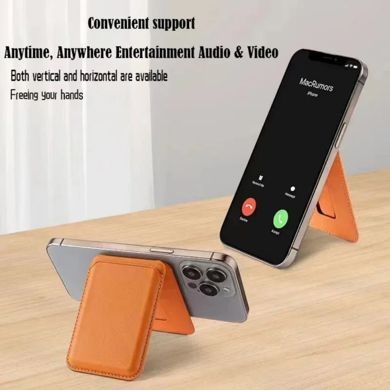 Magnetic stand wallet, orange faux leather with stitched edges and flip-stand