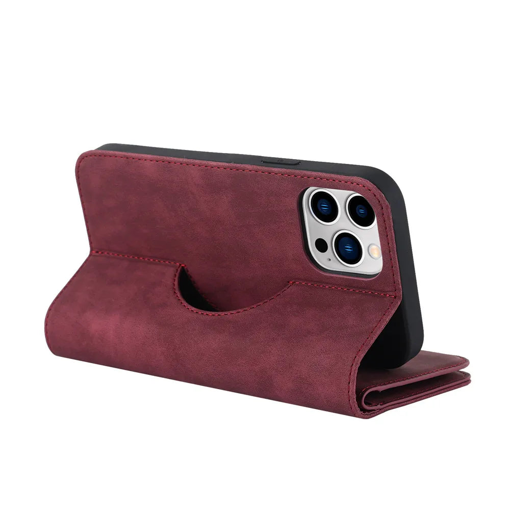 Crimson red MagSafe kickstand wallet with camera cutout and foldover stand