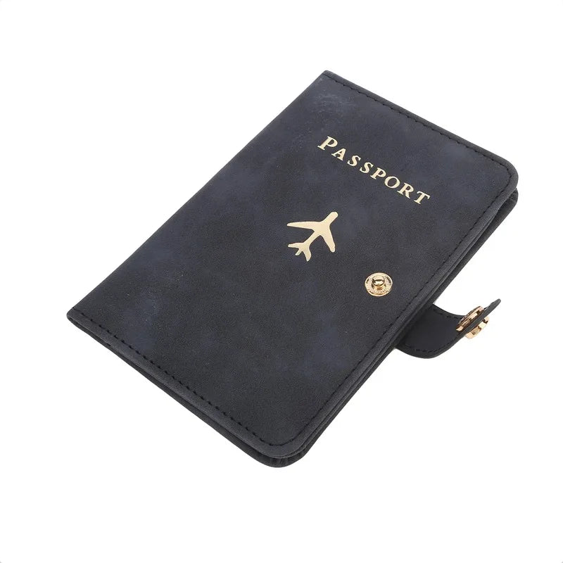 Midnight black passport cover with airplane emblem, “PASSPORT” text, and open interior