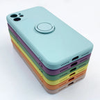 Silicone MagSafe phone cases stacked in light blue, purple, green, yellow, and orange with rings
