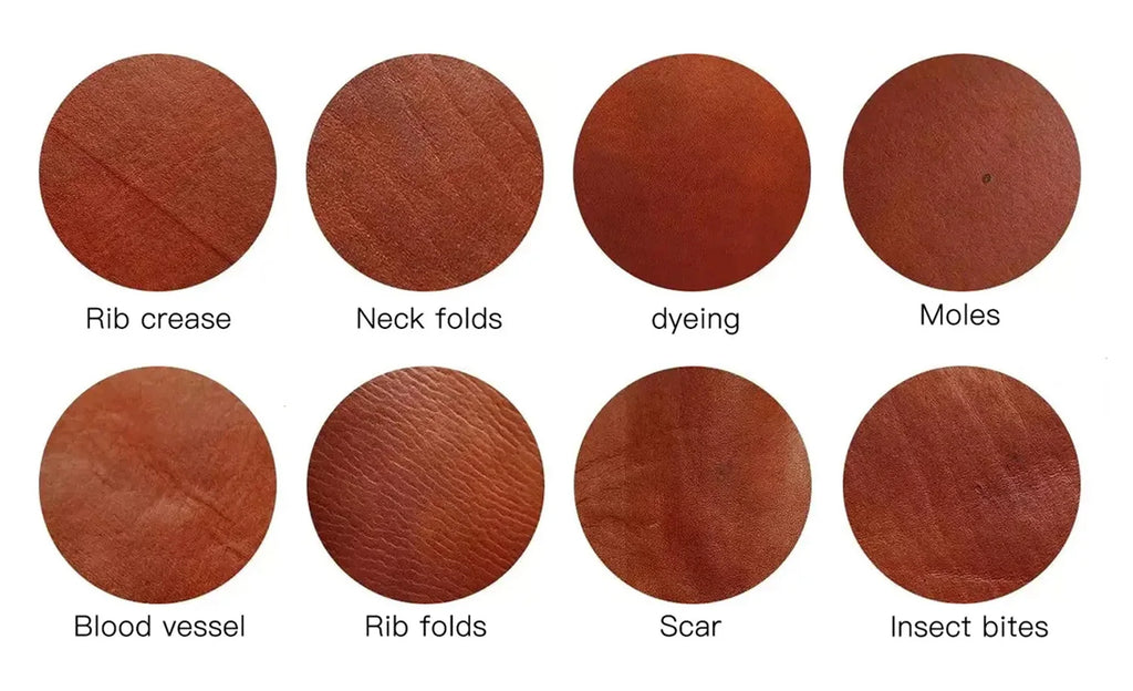 Leather color swatch circles in reddish-brown shades