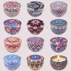 Assortment of patterned tin candle lids with colorful mandala designs