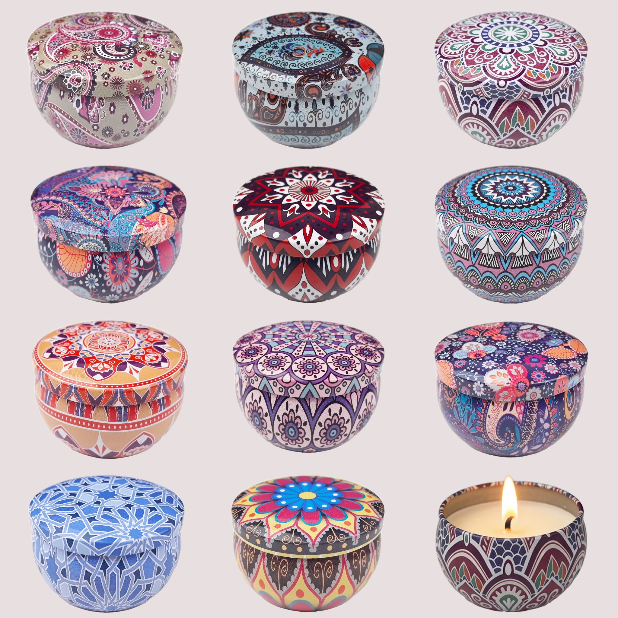 Assortment of patterned tin candle lids with colorful mandala designs
