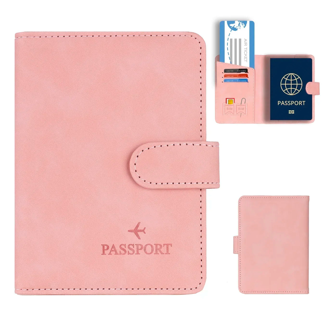 RFID passport wallet in blush pink vegan leather, front view with stitched side tab