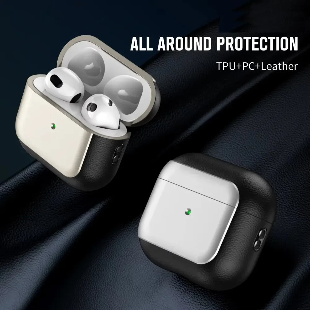Light case with earbuds in plated lanyard AirPods case; leather-protective outer