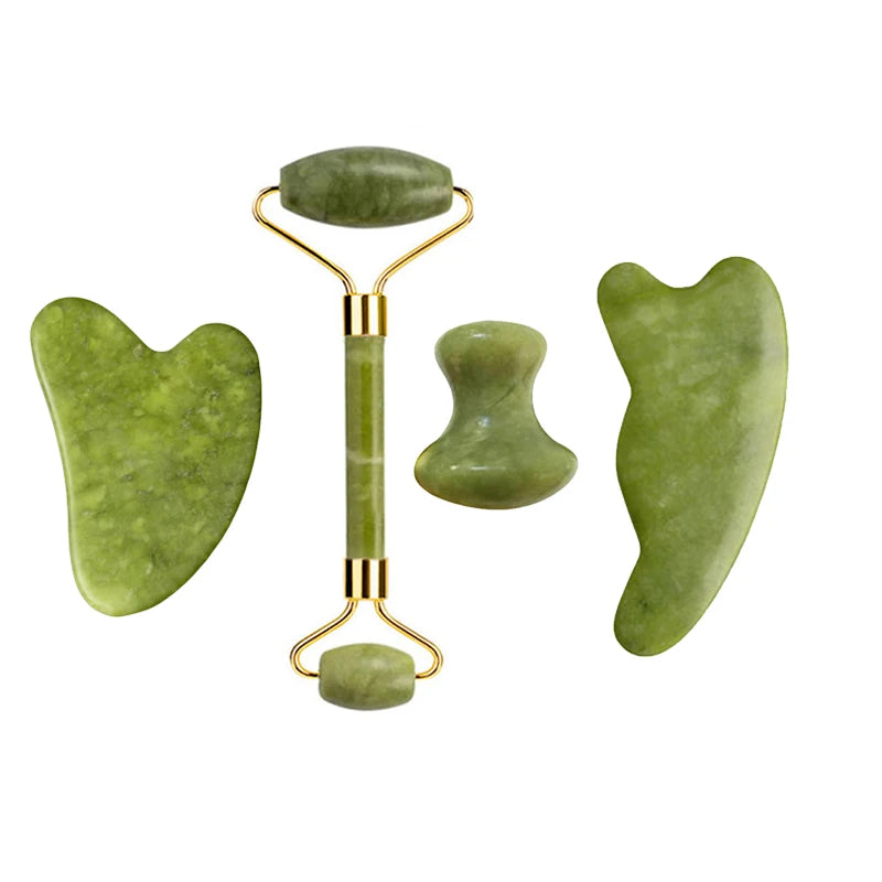 Nephrite jade facial tools with kidney, heart and leaf stones and gold accents