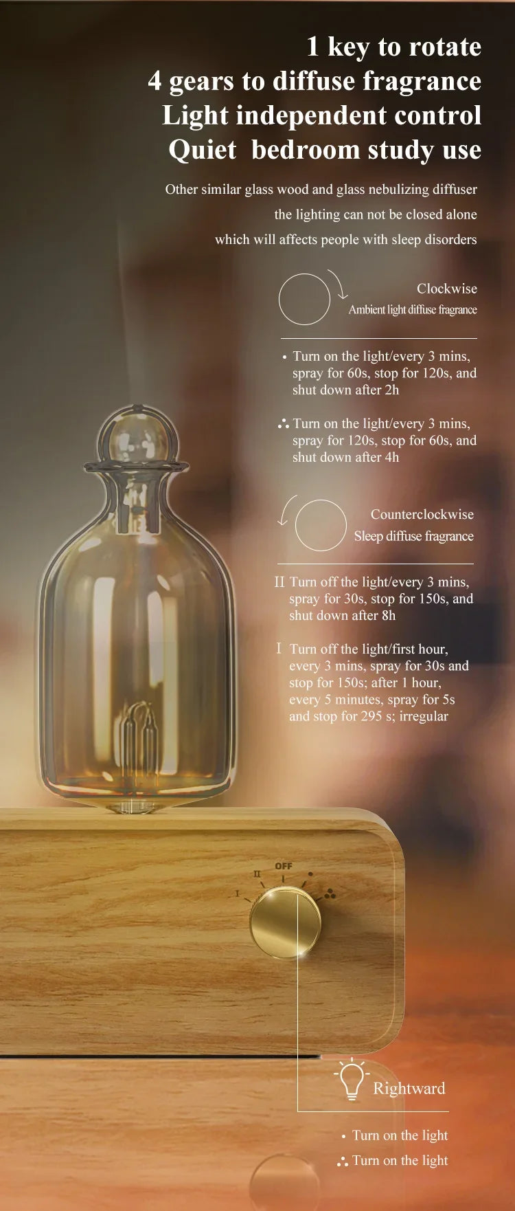 Aroma diffuser with clear glass bottle and lit control dial on light wood base