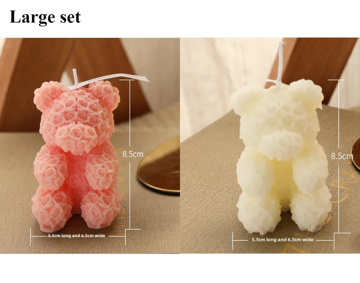 Large set: pink and ivory white rose bear scented candles with white wicks, 8.5cm height