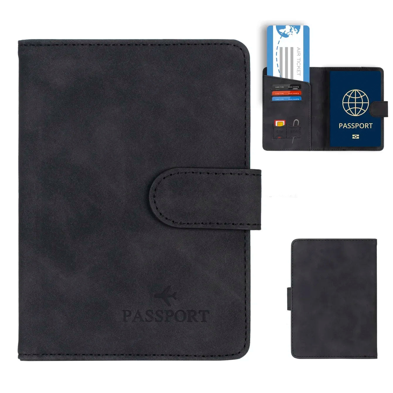Midnight black RFID passport wallet with fold-over strap and passport icon on front