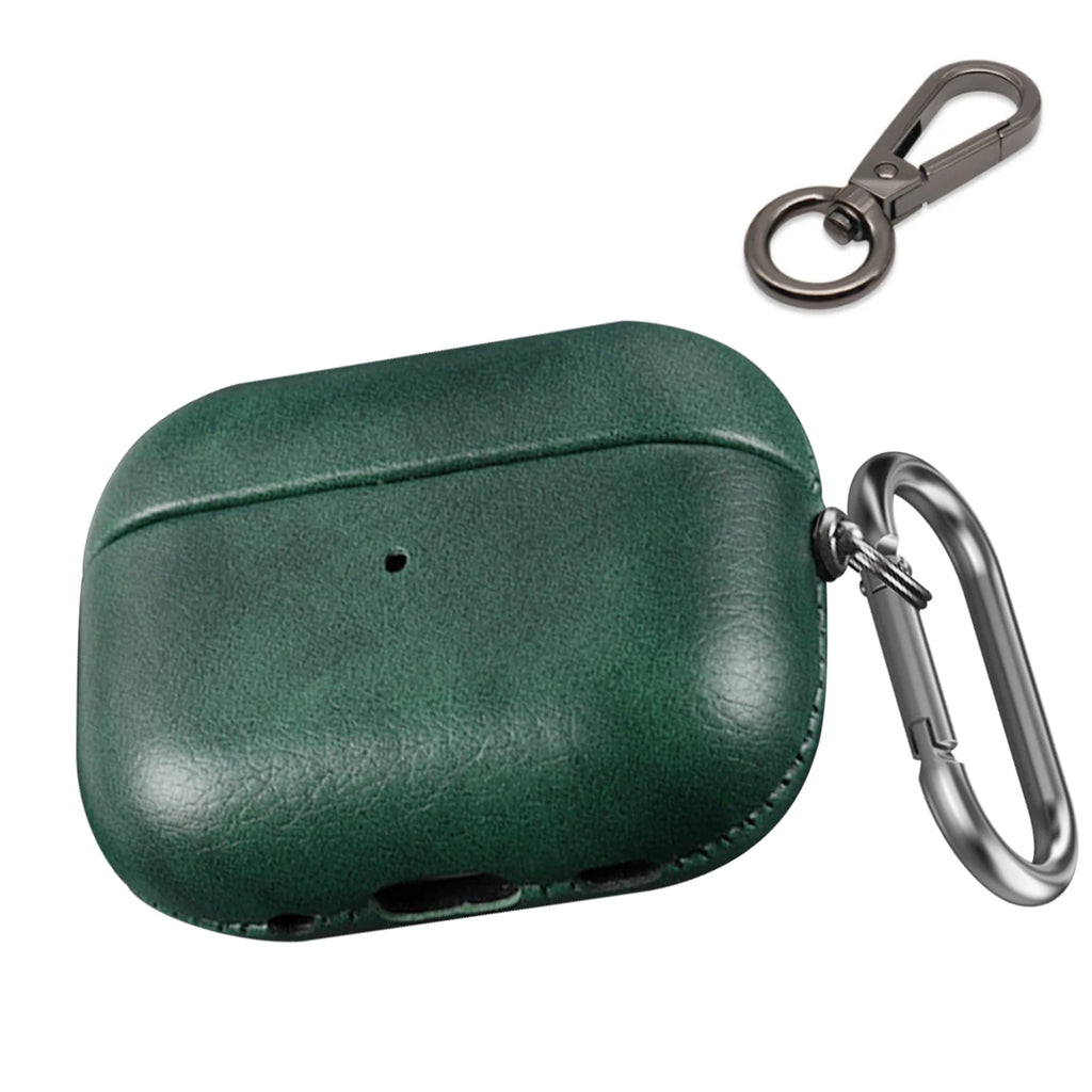 Naqsh leather AirPods Pro 2 case in deep green, fine textured, with metal carabiner hook