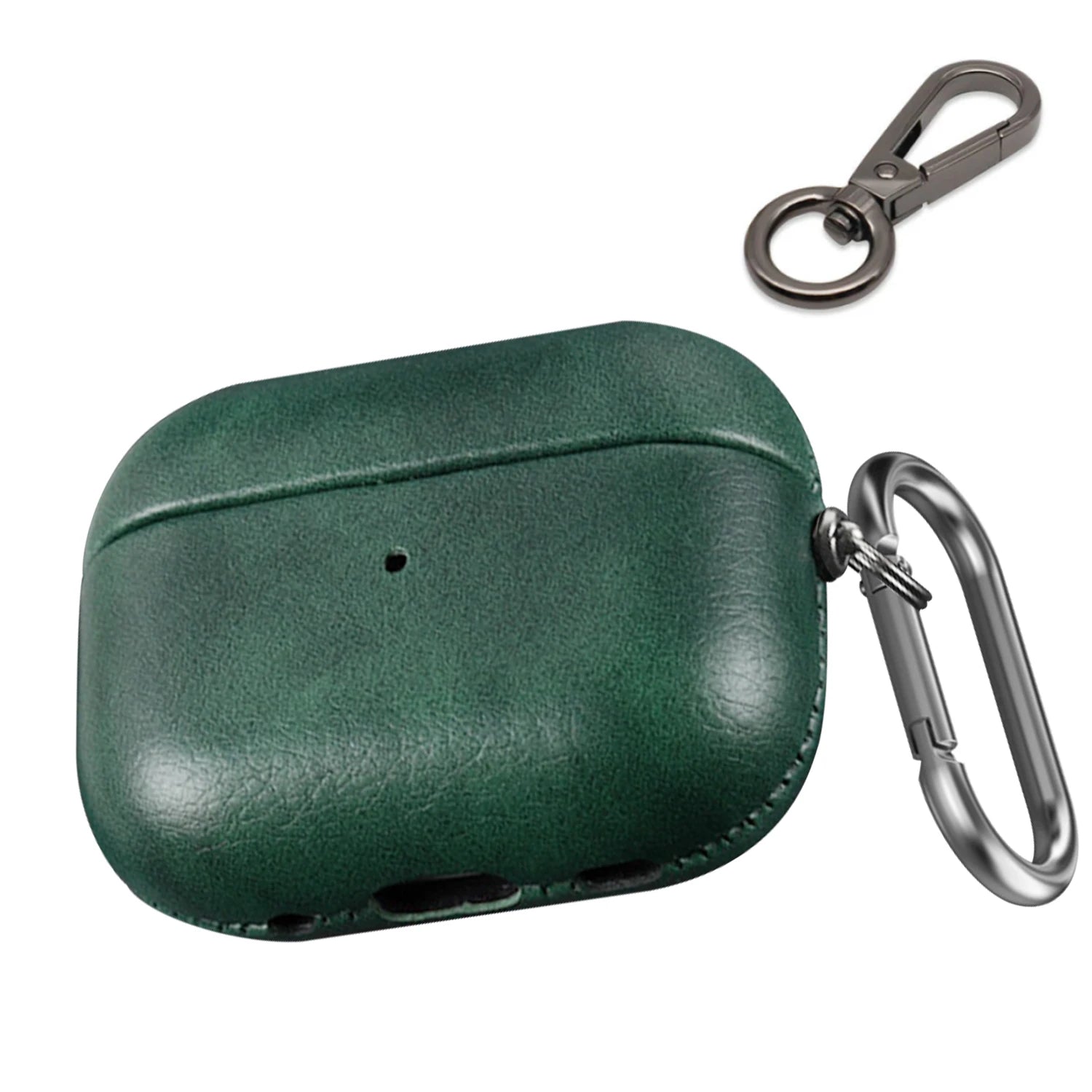 Naqsh leather AirPods Pro 2 case in deep green, fine textured, with metal carabiner hook