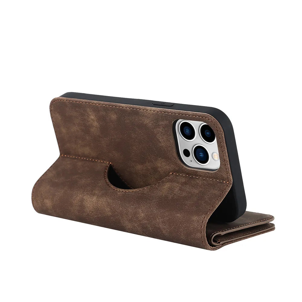 Cognac brown MagSafe kickstand wallet with camera cutout and foldover stand