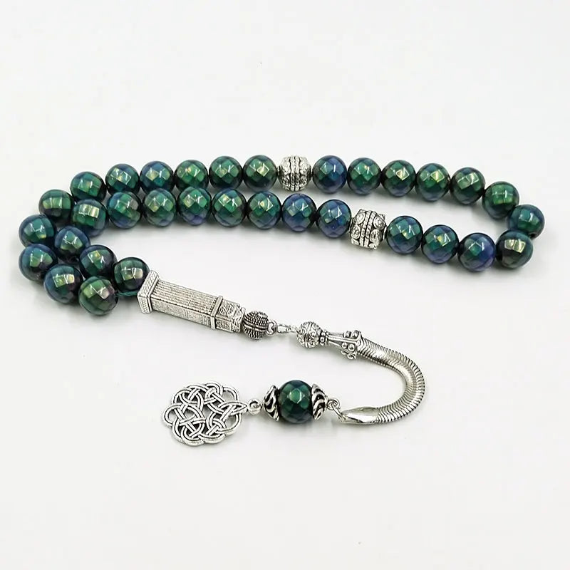 Tasbih misbaha with green-blue faceted 10mm beads and silver connector centerpiece