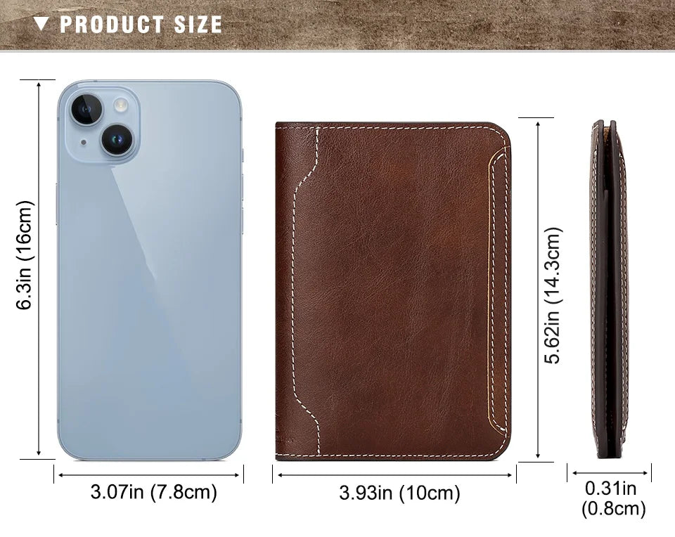 Warm espresso leather slim passport wallet dimensions: 10cm x 14.3cm x 0.8cm (size chart)